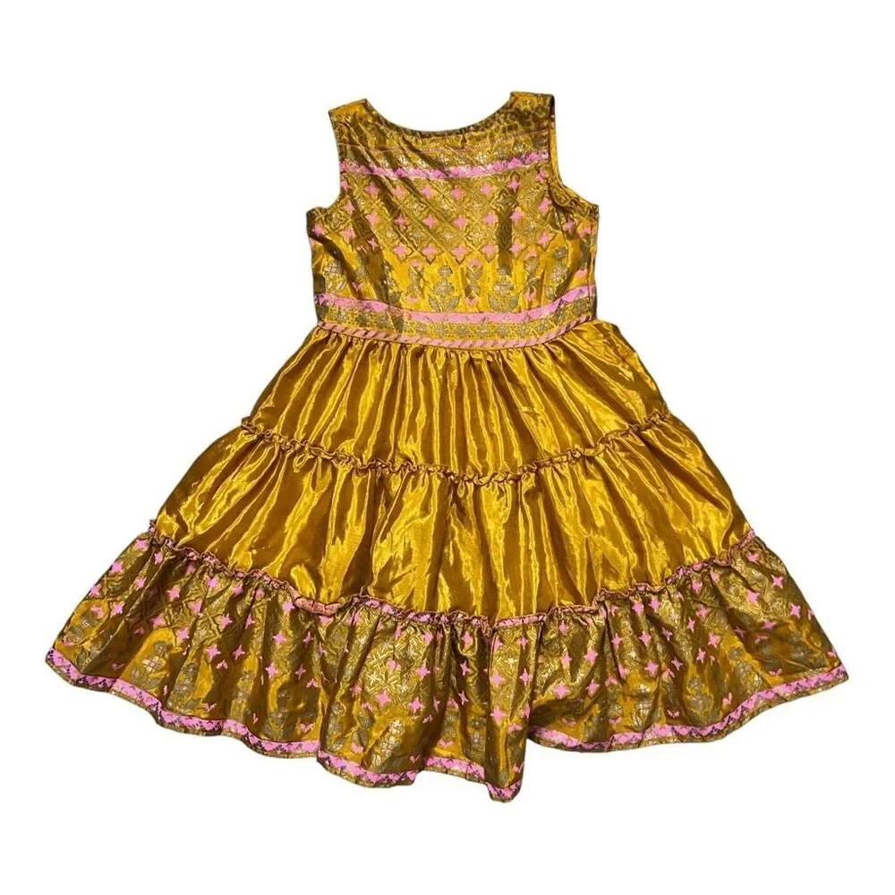 Biba Girls Golden Yellow Floral Dress Size 4-5 Yrs Sleeveless Ruffle Sundress